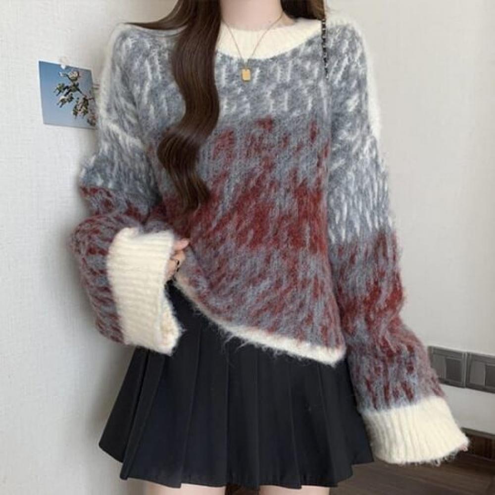 Navava Women S looSe Fit Color Block Long Sleeve Knit Tee Nk2465