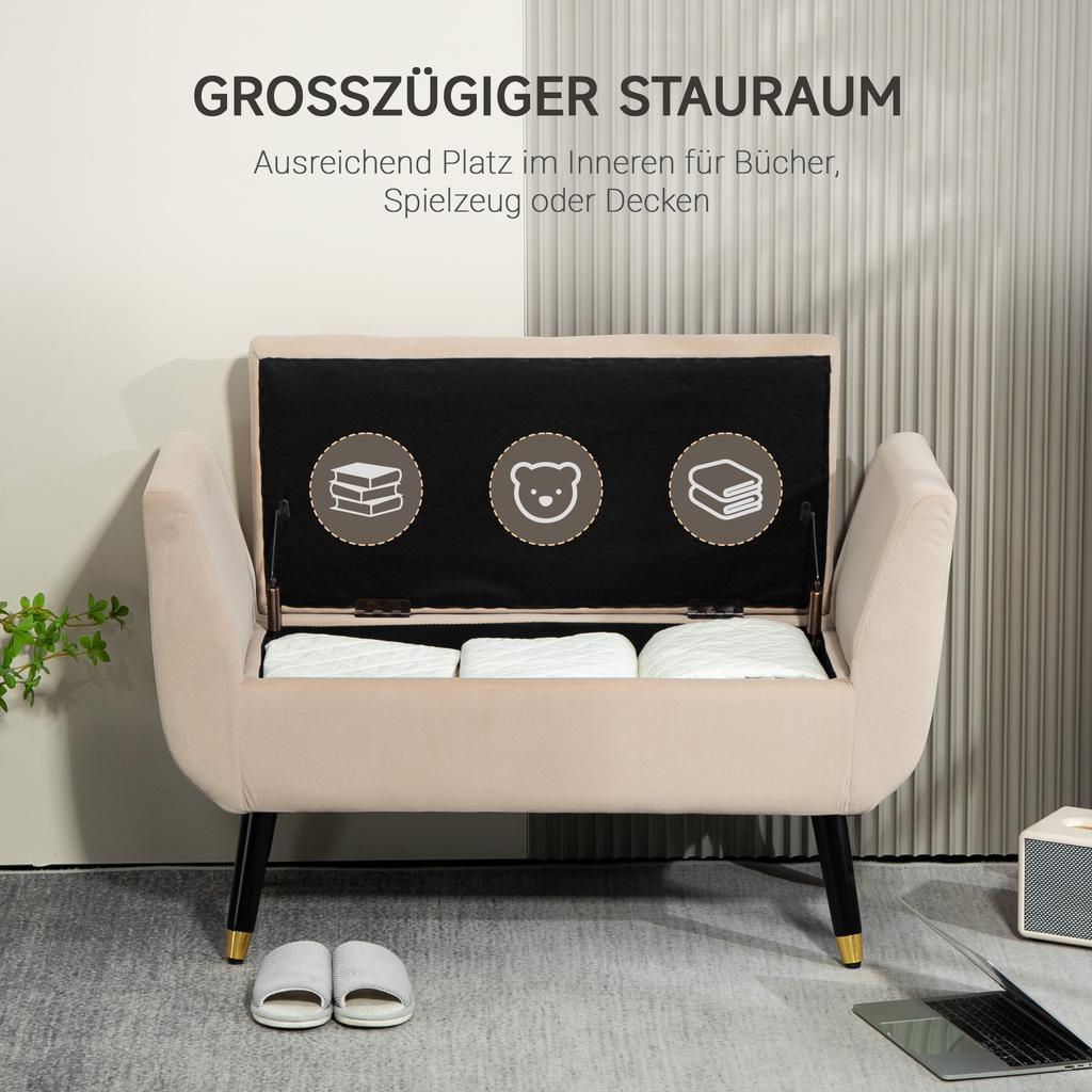 Upholstered Bench with Storage, Armrests, Velvet-Like Polyester, Rubberwood, 107 x 42 x 65 cm, Beige