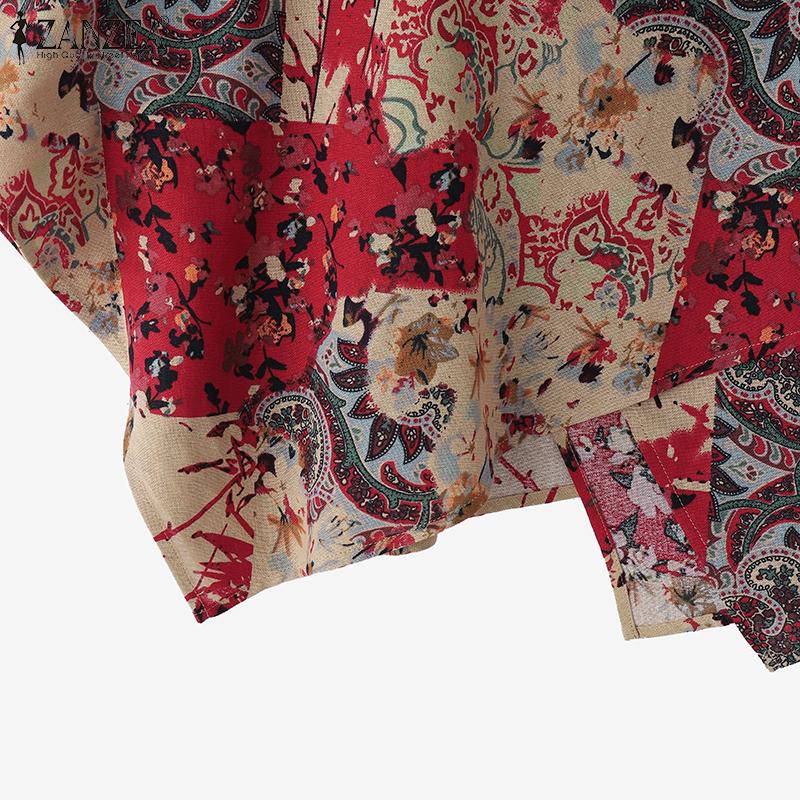 ZANZEA Женская повседневная хлопковая блузка с круглым вырезом и рукавом «летучая мышь» с этническим принтом