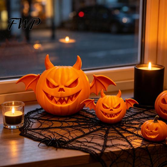 3D Printed Pumpkin Decor 2Pcs Demon Figurine, Devil Statue with Bat Spooky Wings & Horns, Sculpture for Halloween Party Decoration Figurine