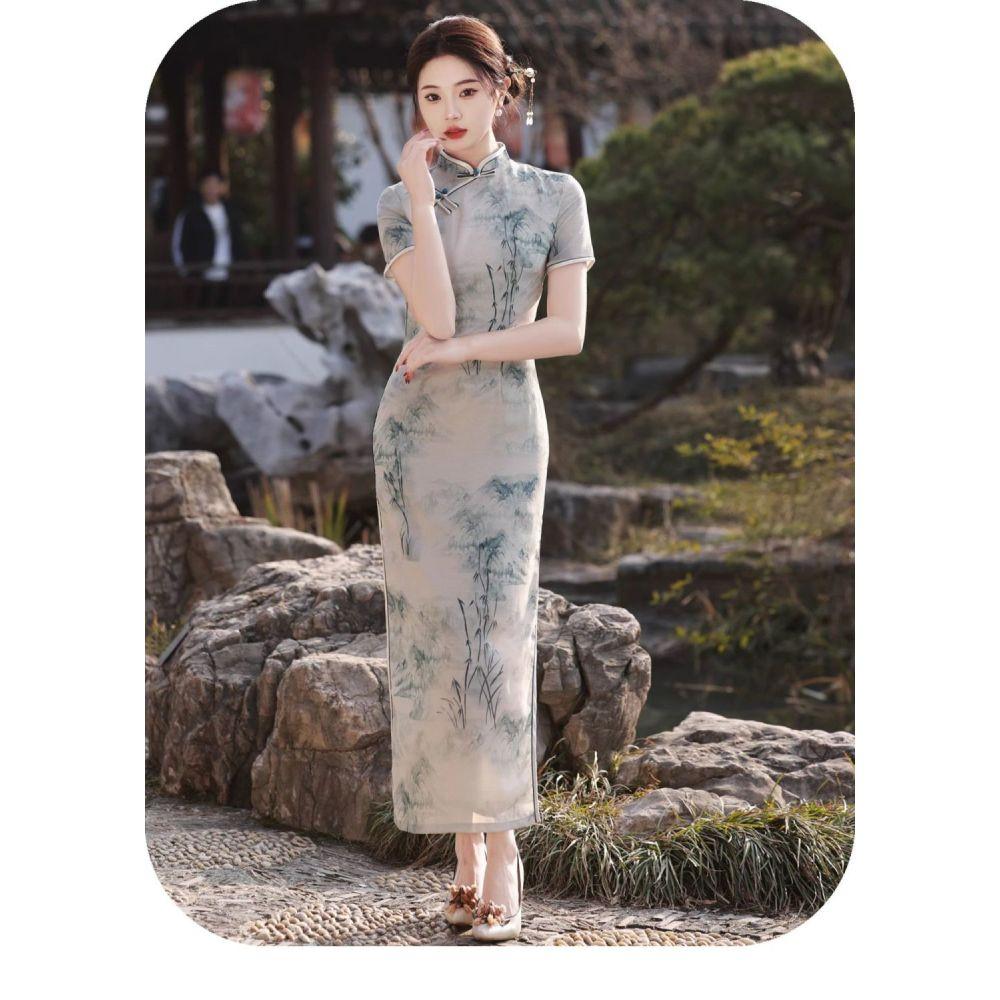 Женское платье Cheongsam цвета шампанского средней длины, весеннее и летнее повседневное платье