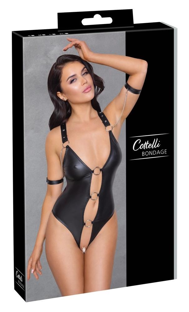 Cottelli Bondage - Sexy Matte Bodysuit with 3 Silver Rings M