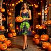 Women's Halloween Print Dress Sleeveless Spaghetti Strap Dress with Off Shoulder Design and Flared Skirt for Casual Wear