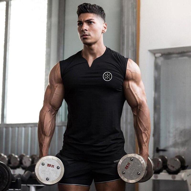 Muscleguys Men's Gym Clothing Training Vest Fitness Bodybuilding Cotton V-neck Top Comfort Fashion