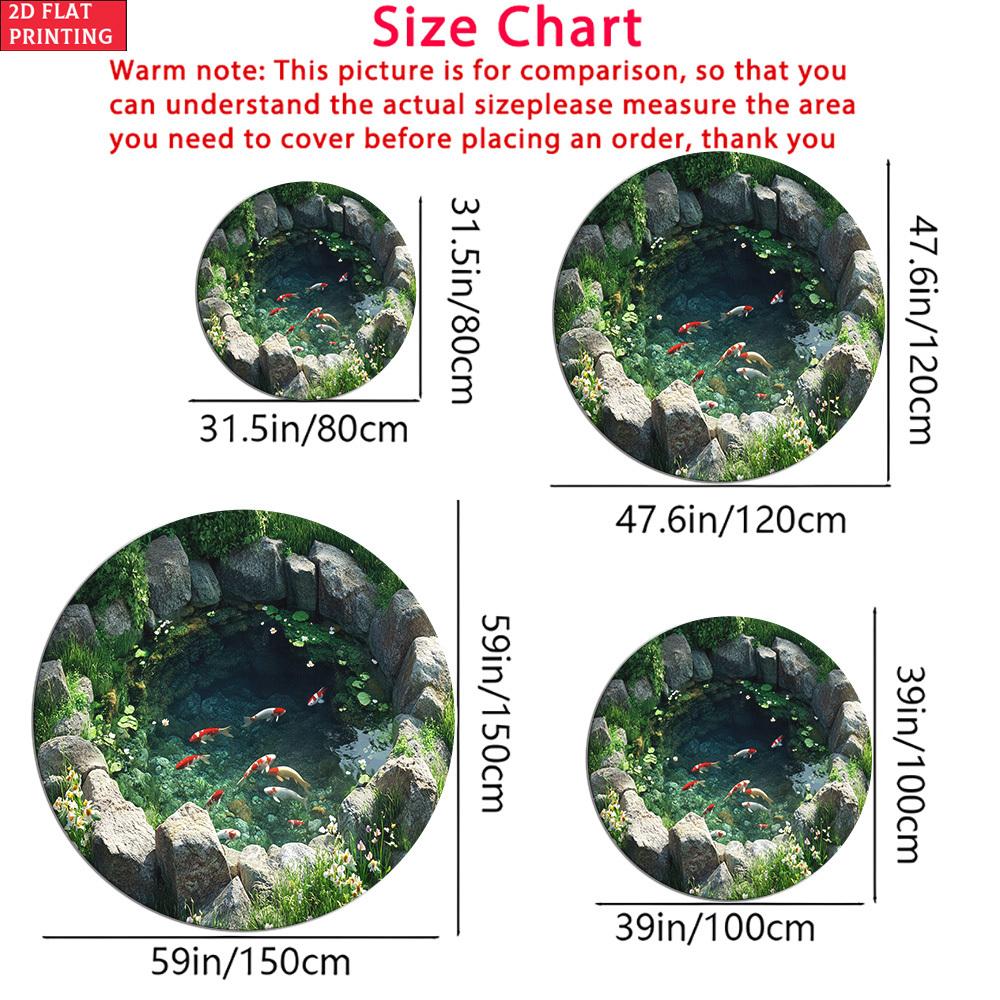 3D Natural Stone Pond Koi Fish Round Rug, Clear Water Lotus Wild Flower Print Floor Mat for Living Room Sofa Balcony Indoor Home