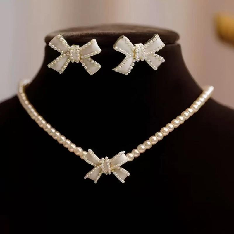 Модное и Простое Жемчужное Ожерелье с Очаровательными Серьгами-гвоздиками в Божественном Женском Стиле. Женский свадебный комплект formal jewelry.