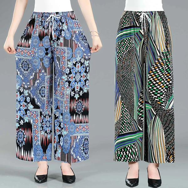 WTEMPO Women Spring Autumn Casual Versatile Loose Straight Leg Pants Large Size Elastic High Waist Printed Wide Leg Pants