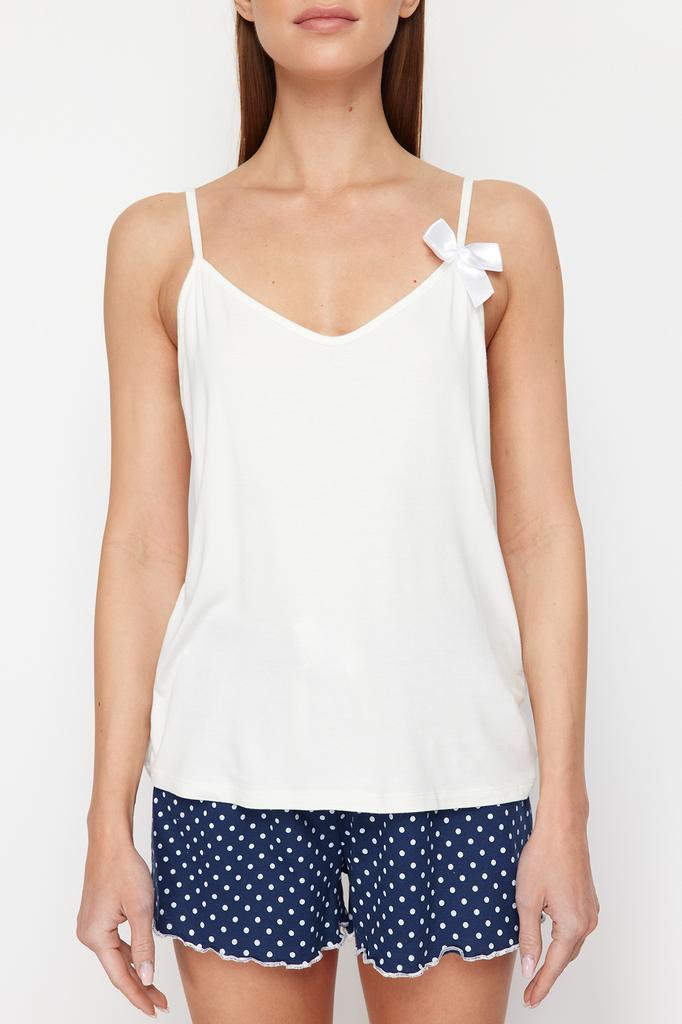 Women's Fashion New Pajama Set Black-Powder Polka Dot Ribbon Detailed Rope Strap Knitted Pajama Set