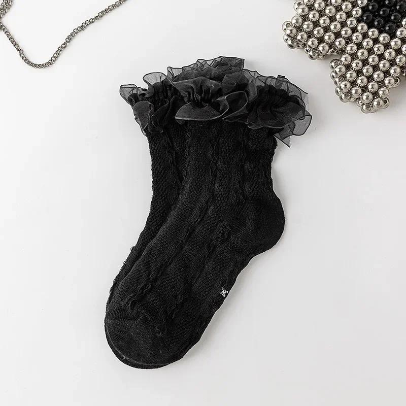 Носки с оборками для девочек, кружевные носки JK Calf для детей, милые носки принцессы с оборками белого и черного цвета для детей, одежда на весну и лето