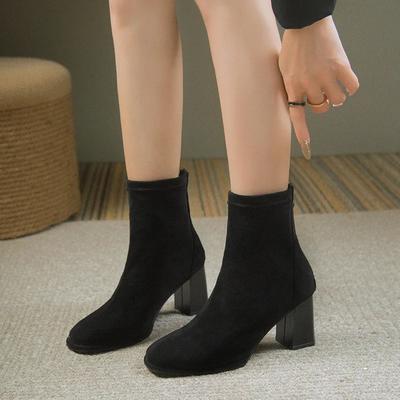 Мода 2024 года, новые женские ботильоны, легкая повседневная обувь, женские модные ботинки-носки с квадратным носком и толстой подошвой, вязаные на осень и зиму