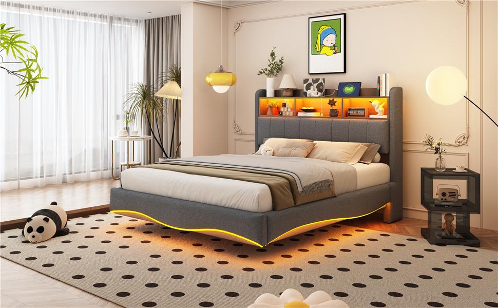 Floating design upholstered bed 140*200 made of linen fabric, multifunctional storage bed with LED light, USB and TYPE-C interface, grey