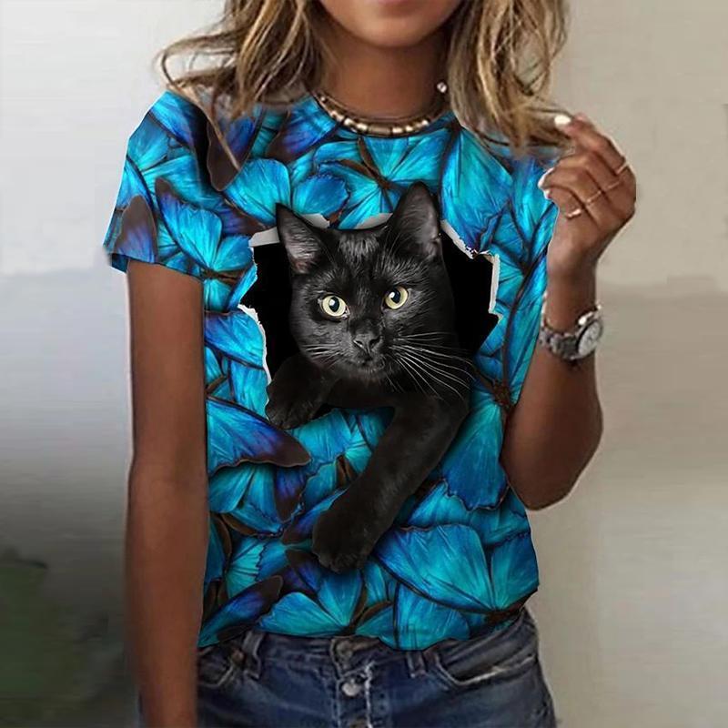 Модная женская футболка с принтом Angry Cute Cat, забавная повседневная футболка с круглым вырезом и короткими рукавами, летняя женская футболка