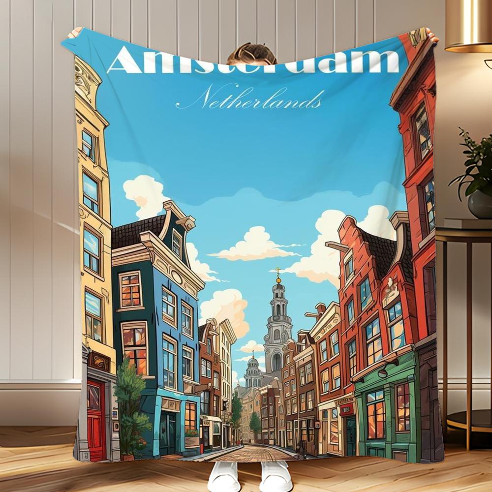 city landmark Amsterdam Throw Soft Coral Fleece Blanket 310gsm Fluffy Warm Throw for Sofa Bed Couch Bedroom Decor