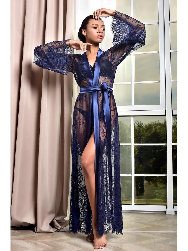 European & American New Sexy Women's Mesh See-Through Long Lingerie Robe Set