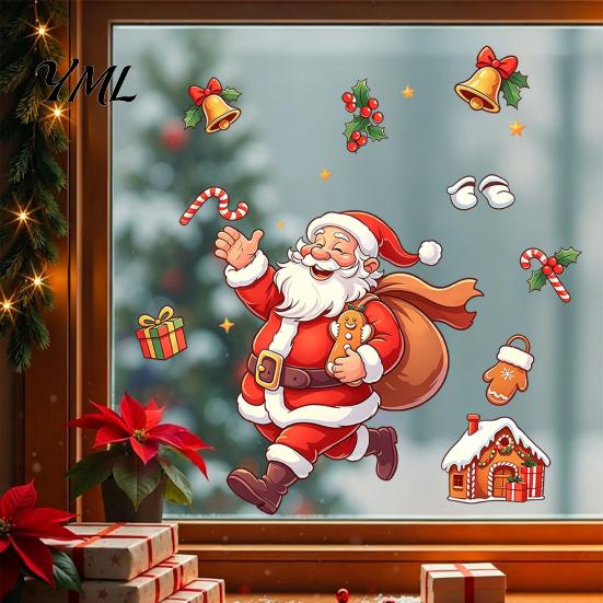 Removable Glass Stickers Santa Claus Static Window Cling, Christmas with Running Santa, Candy Gift for Cane & Bell, Reusable PVC Holiday Decor