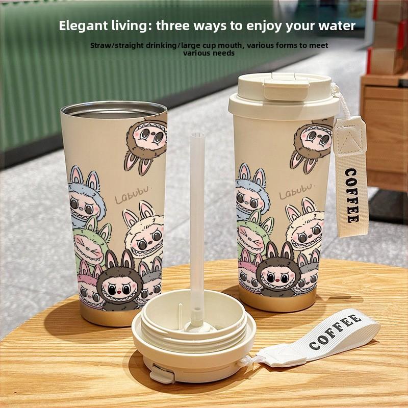 Large Capacity 316 Stainless Steel High Value Double Drink Thermos Cup Seven Labubu Cloth Straw Car Coffee Cup