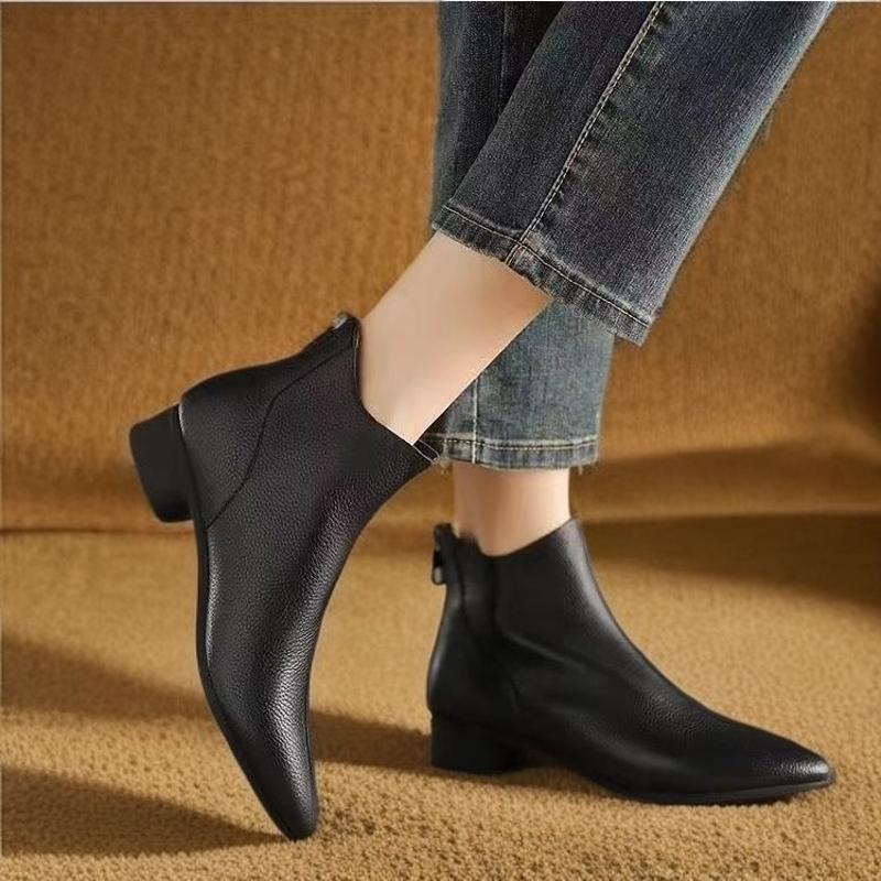 Elegant with Low Heels Fleece-Lined Ankle Boots for Women Autumn Winter Pointed Toe Leather Woman Short Shoes Trend 2025 Booties