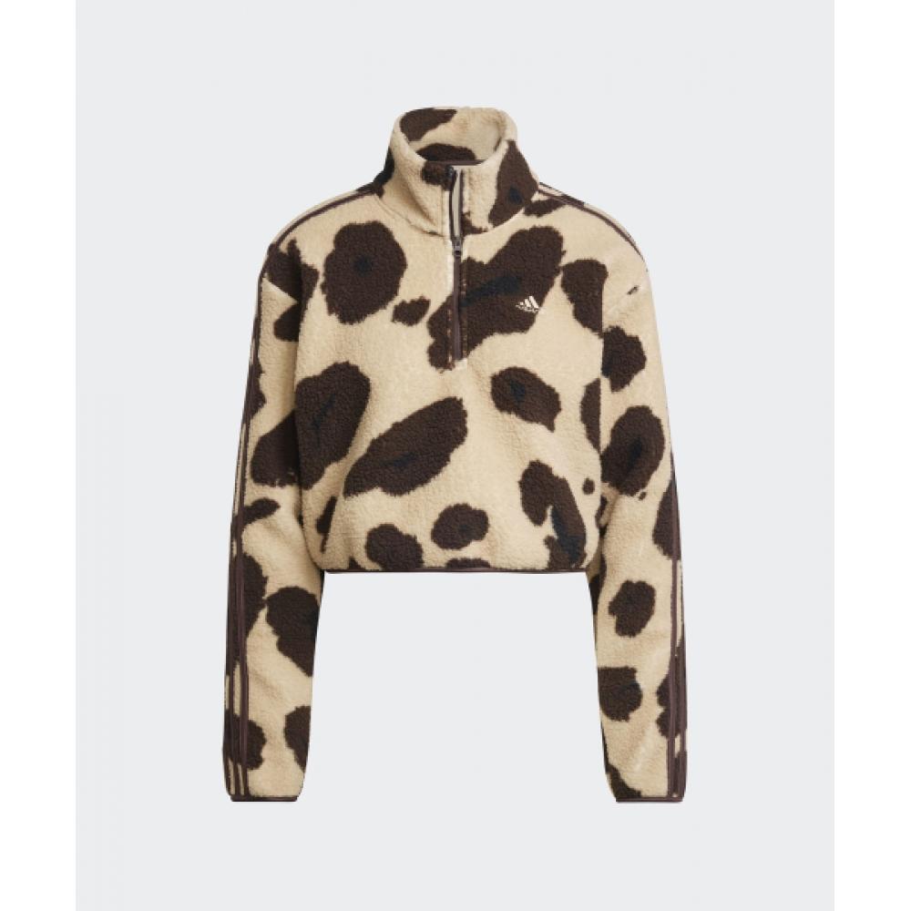 Adidas Animal Print Fleece Cropped Half Zip Top Beige Brown Ix3719