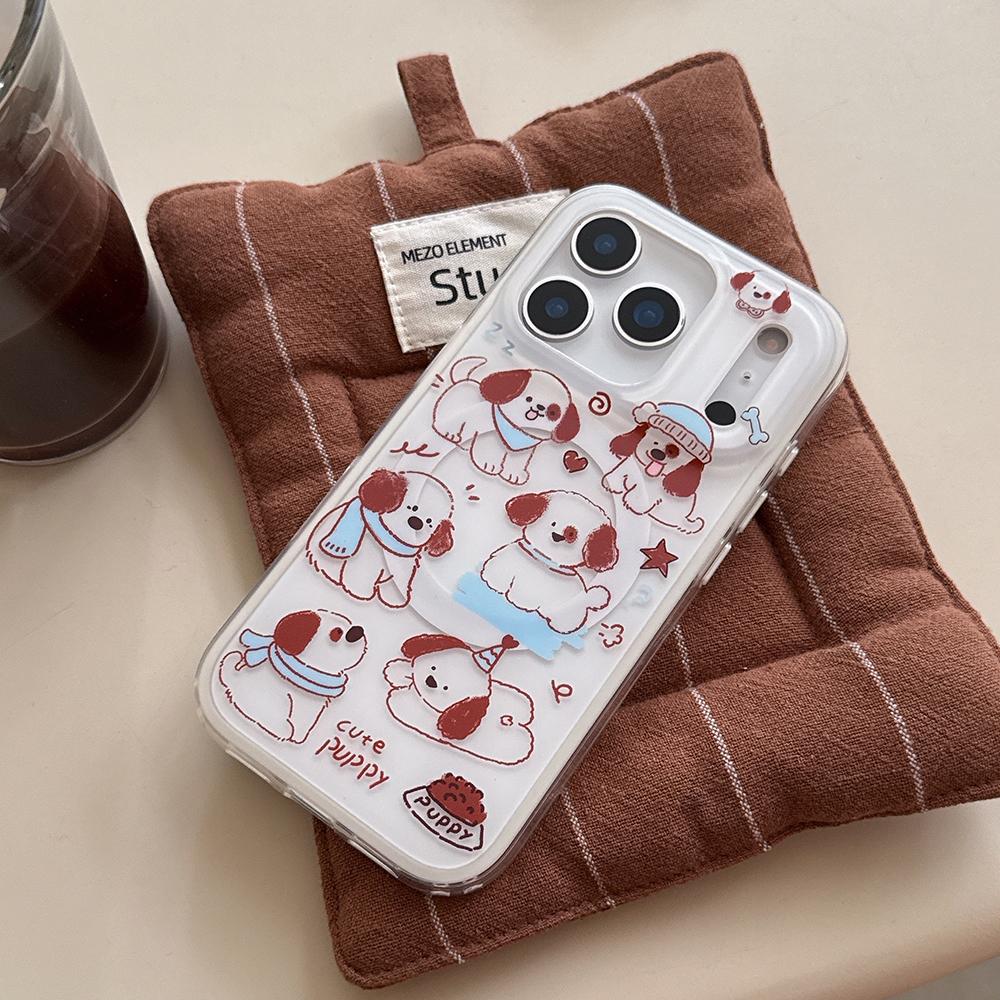 2 IN 1 Cute Puppy Cartoon Magnetic Grip Tok Phone Case for iPhone 17 Pro Max 15 14 16 Wireless Charge Funny Cover for Magsafe