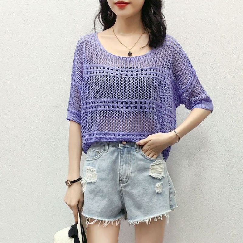 Female Hoodie Leisure, Elegant, Sexy Spring Hollow Round Neck Short Sleeve Knitted Top Summer Short-sleeved Hollowed Out Knit Shirt