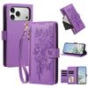 Butterfly Flower Zipper Wallet Vegan Leather Phone Case with Strap For iPhone 15 Pro Max