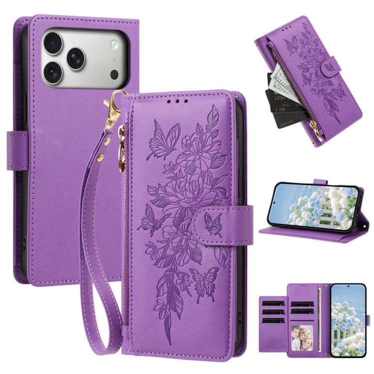 Butterfly Flower Zipper Wallet Vegan Leather Phone Case with Strap For iPhone 15 Pro Max