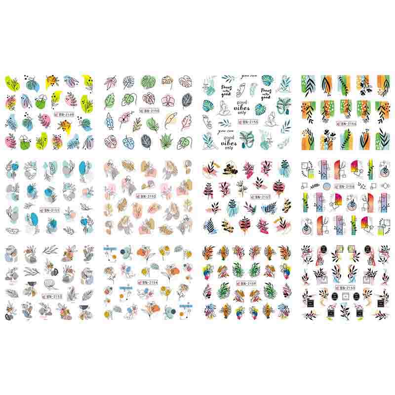 Наклейки для дизайна ногтей в 12 стилях с абстрактными, цветочными и геометрическими рисунками