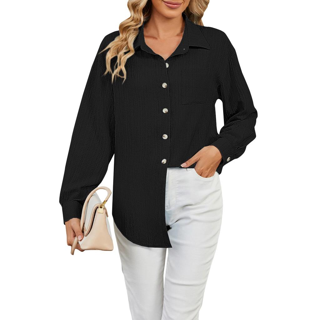 Женские повседневные свободные однотонные рубашки с длинными рукавами и пуговицами с лацканами, топы