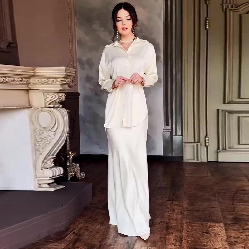 2024 Осень Женский Однотонный Элегантный Приталенный Комплект Длинного Платья с Завязкой на Талии