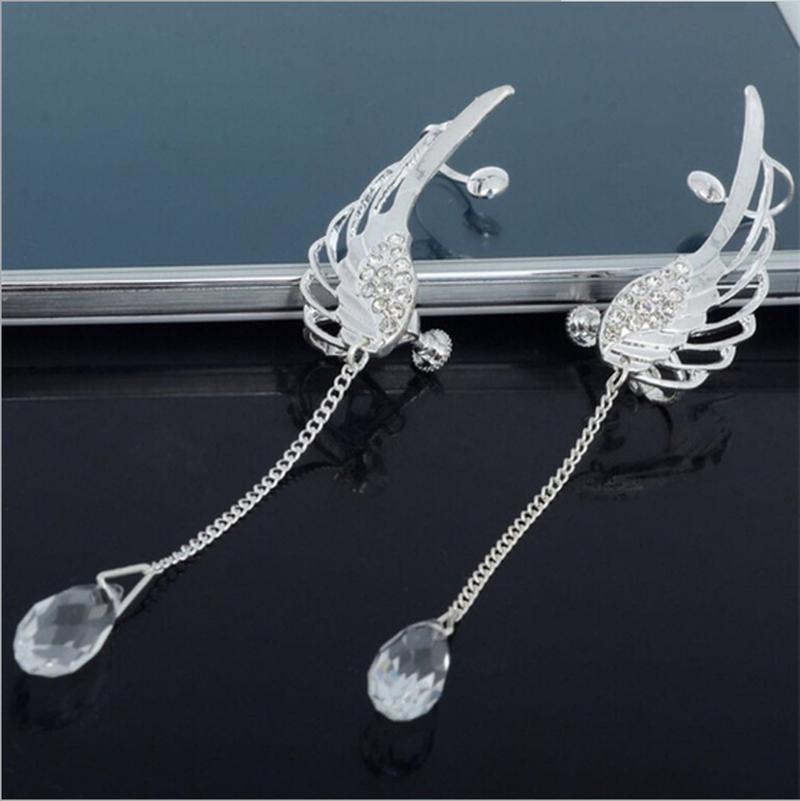Cute Angel Wings Link Crystal Long Fringe Ear Clips Ms. Earrings Wedding Party Exquisite Jewelry