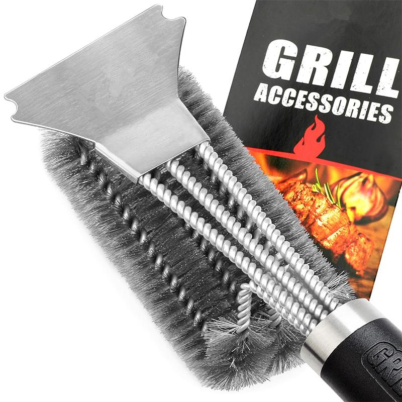 Camping Grill Brush and Scraper Stainless Steel BBQ Cleaning Brush with Deluxe Handl 3 In 1 Bristles Grill Cleaning Brush JT518
