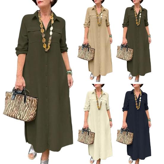 Женское платье с отложным воротником, свободное однотонное однобортное платье трапециевидной формы с длинным рукавом и нагрудным карманом, мягкое дышащее платье до щиколотки, весенне-осеннее платье макси