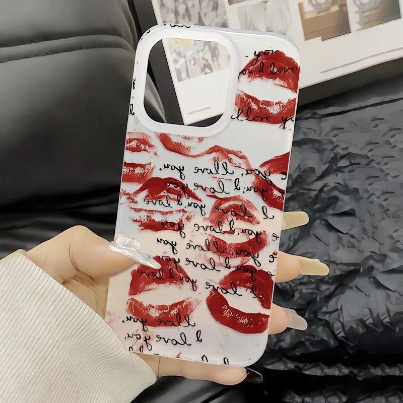 Простой текст Полный экран Красный отпечаток губ Чехол для телефона Для iPhone 17 AIR 16E 15 14 13 12 11 PRO MAX XSMAX XR 7 8 PLUS Y2K Матовый чехол