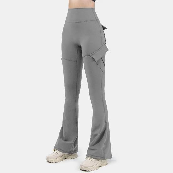 Women Flared Pants Elastic High Waist Wide Leg Casual Trousers with Flap Pockets Solid Color Cargo Pants Daily Wear
