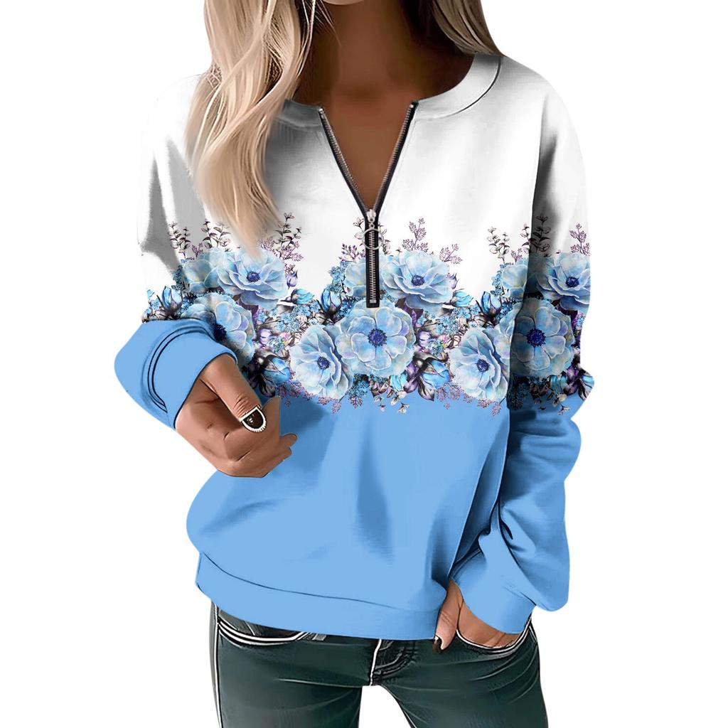 Women Sweatshirt Pullover Basic Quarter Zipper Long Sleeve Print Flowers Hoodie Casual Top