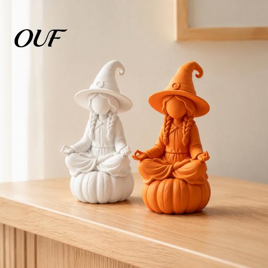 Unfinished Craft Ornaments 3D Printed Meditating Witch Figurine on Pumpkin Base, Minimalist Small Desktop Figurines Halloween Autumn Statue,