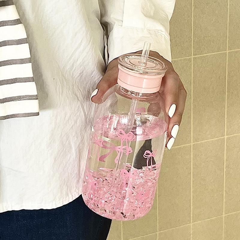 Бутылка для воды Kawaii, эстетический стакан для льда, кофе, сока, чая, симпатичные пластиковые стаканчики с бантом и крышкой-соломинкой, портативная бутылка для питья