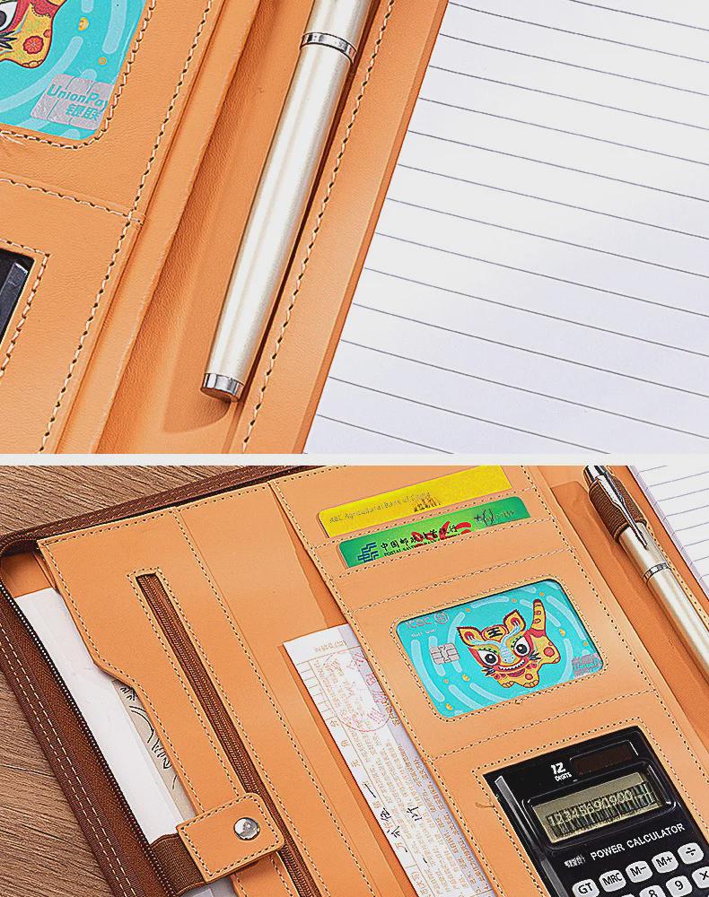 Кожаная папка для деловых бумаг формата А4 с калькулятором — портативная, многофункциональная папка на молнии для встреч с клиентами и проведения деловых операций