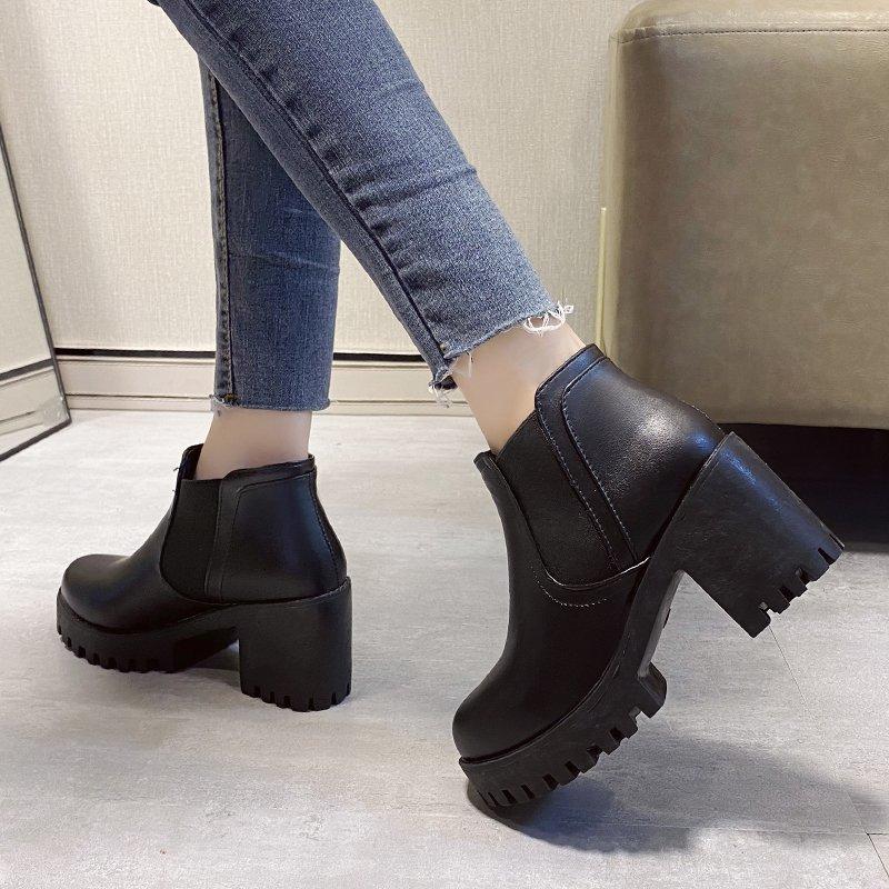 Модные роскошные женские весенние и осенние новые корейские модные сапоги на толстом каблуке с круглым носком, повседневные удобные черные короткие сапоги