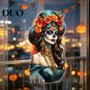 Durable Outdoor Window Stickers Mexican Katrina Skeleton Girl Wall Sticker, Day of The Dead Artistic Decor Portrait Decal, Waterproof PVC Cling