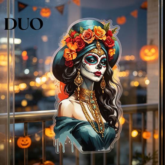 Durable Outdoor Window Stickers Mexican Katrina Skeleton Girl Wall Sticker, Day of The Dead Artistic Decor Portrait Decal, Waterproof PVC Cling