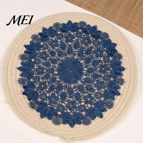 Tea Tray Mats Round Lace Doily, Dark Blue Floral Placemat, Embroidered Table Thickened Polyester Doilies Mat, Heat-resistant for Home Decoration