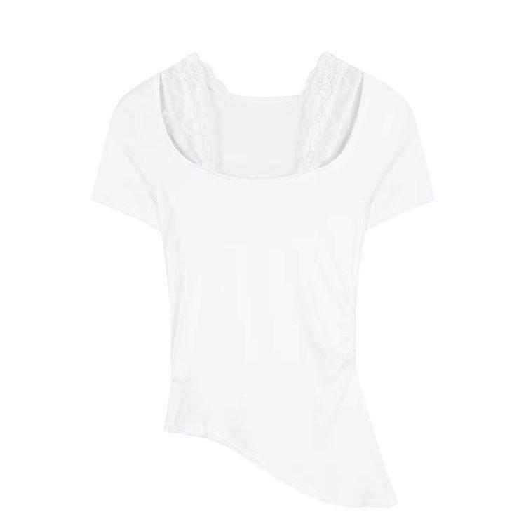 Niche fashion pure desire style neck lace design sense short sleeve T-shirt hot girl sexy irregular versatile top ins