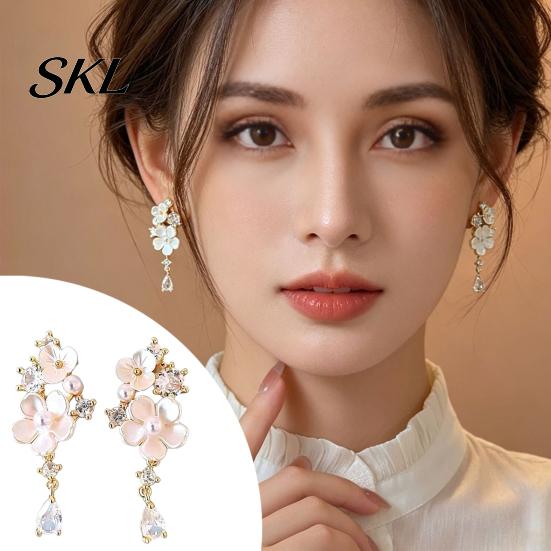 Gold Plated Dangle Earrings 1 Pair Flower Drop for Women, Pink Date Night Fashion Jewelry with Rhinestone Teardrop Charm, Statement Wedding,