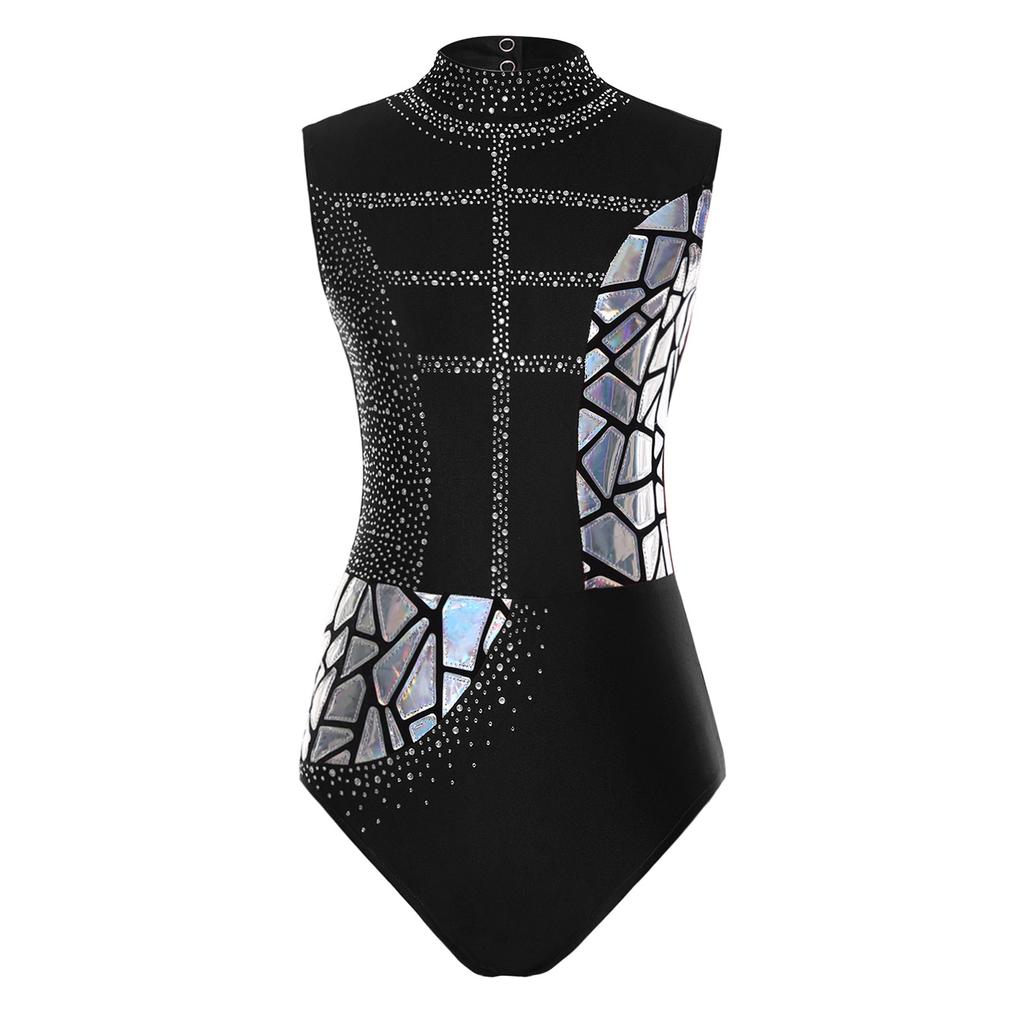 Womens Rhinestone Dance Leotard Sleeveless Cutout Back Metallic Sequins Figure Skating Bodysuit Gymnastics Performance Wear