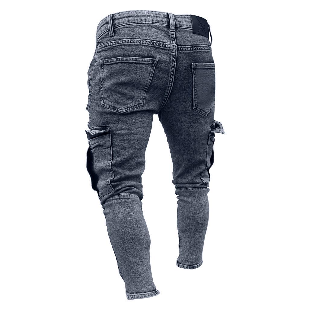 MakeWishes Denimi Мужские модные повседневные брюки на молнии с карманами Slim Fit из растрепанных джинсовых длинных джинсовых брюк