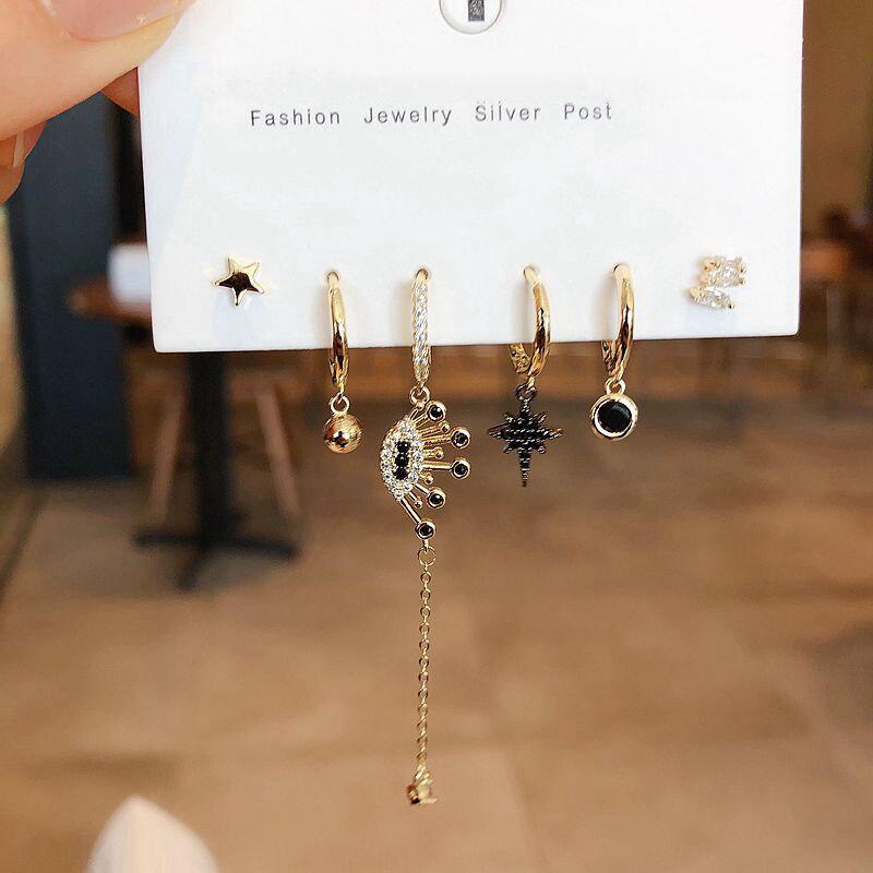Новейший дизайн, комплект серег-колец в форме звезд с синими фианитами, модные серьги с микро-инкрустацией из циркония для женщин, комплект из 6 предметов