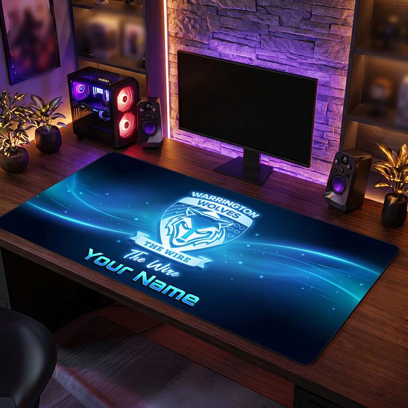 Warrington Wolves FC Custom Large Mouse Pad, Personalized Name Text Print, Football Logo Non‑Slip Desk Mat Gaming Gift