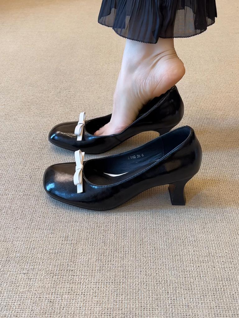 Овчина~ Французские туфли-лодочки женские на толстом каблуке с бантом красные рабочие туфли красивые и не утомляют туфли Мэри Джейн на высоком каблуке