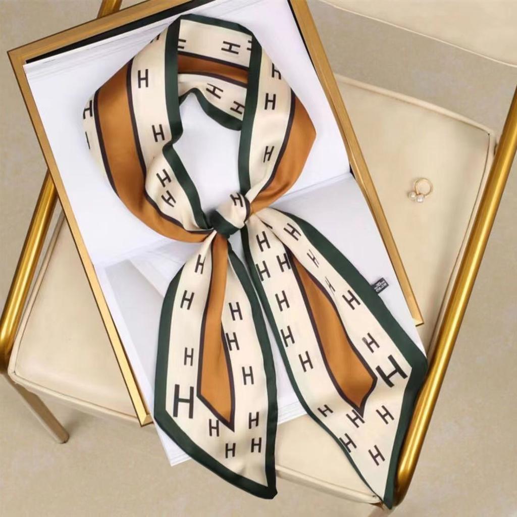Luxury Design Long Silk Scarf Women Summer Fashion Bag Handle Ribbon Ladies Horse Print Headband Small Hair Scarves Female